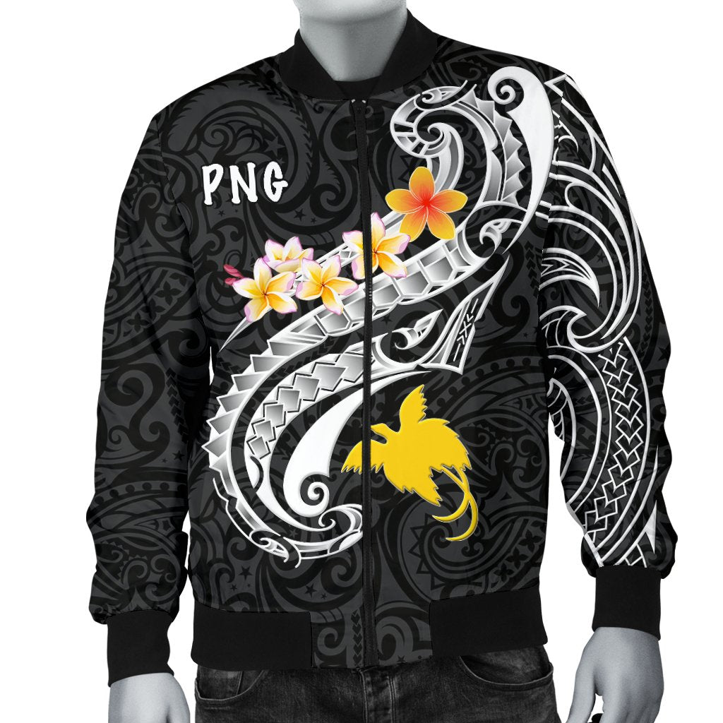 Papua New Guinea Men's Bomber Jacket - PNG Seal Polynesian Patterns Plumeria (Black) - Polynesian Pride
