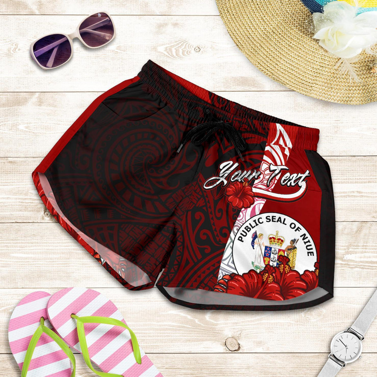 Niue Polynesian Custom Personalised Women's Shorts - Coat Of Arm With Hibiscus - Polynesian Pride
