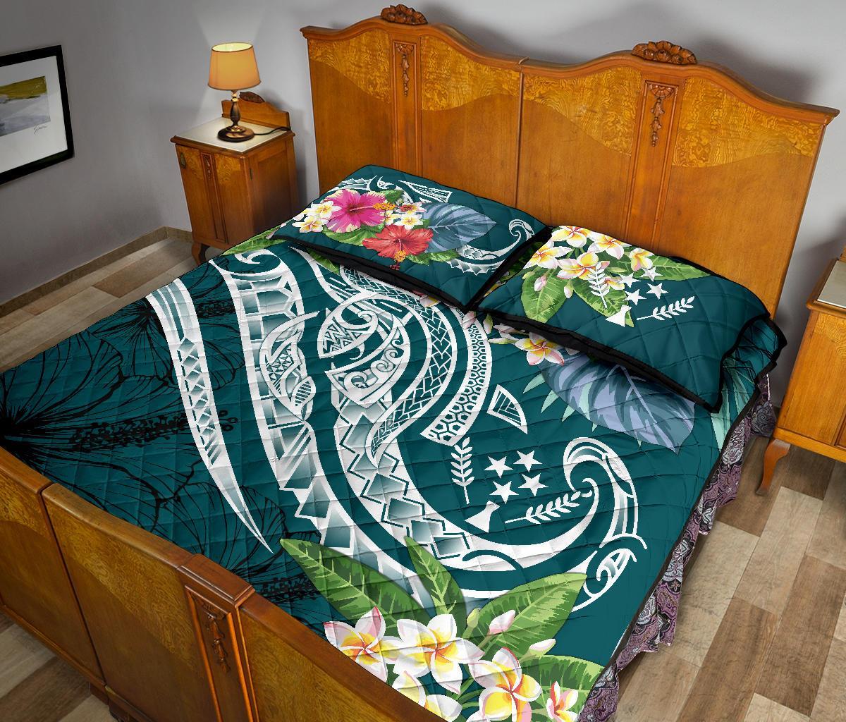 Kosrae Polynesian Quilt Bed Set - Summer Plumeria (Turquoise) - Polynesian Pride