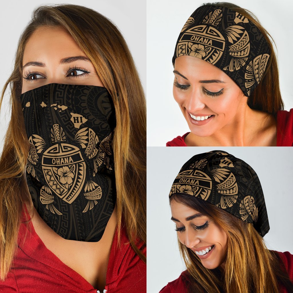 Hawaii Map Turtle Ohana Hibiscus Kakau Polynesian Bandana 3 - Pack - Gold One Size Gold - Polynesian Pride