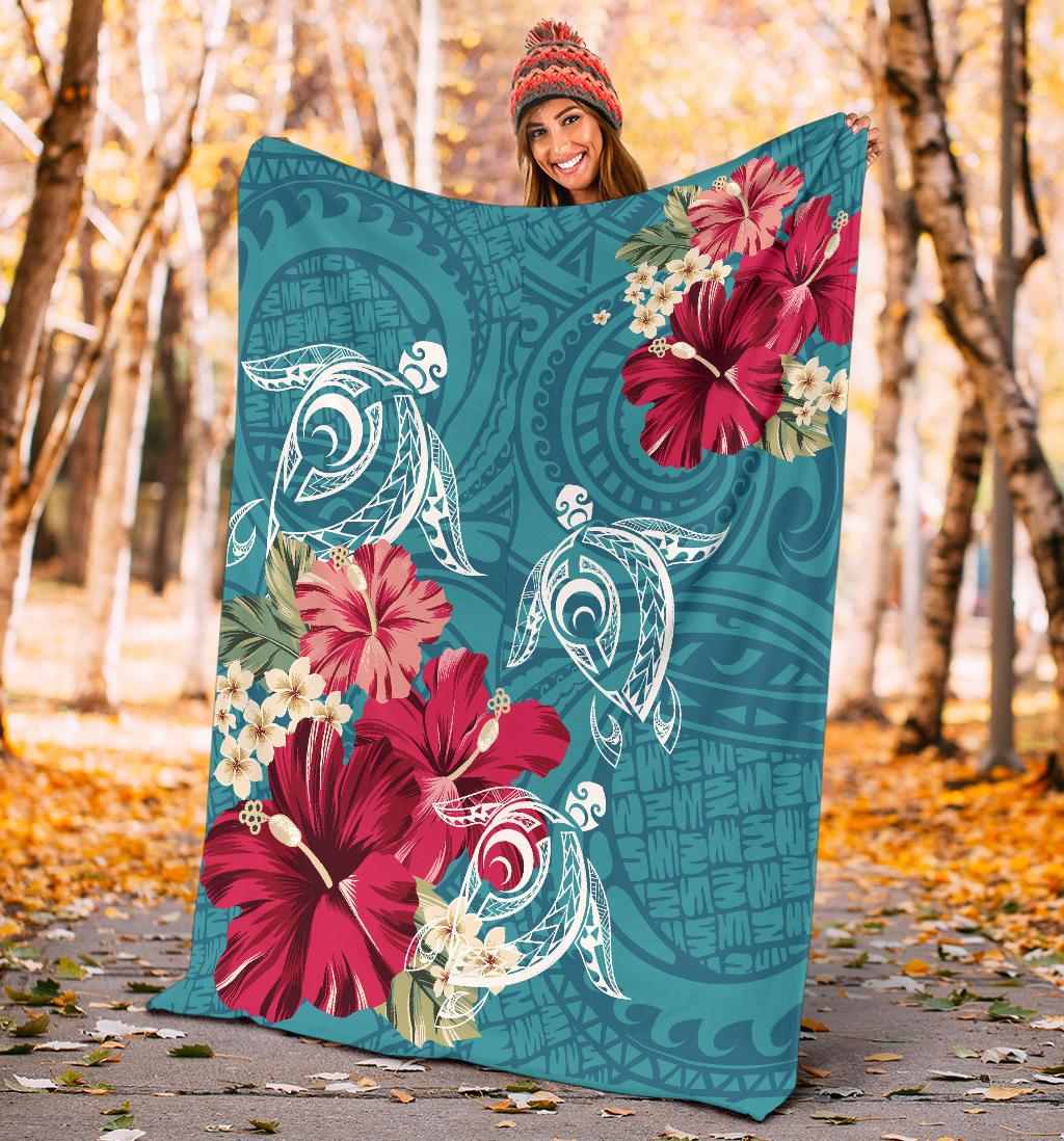 Hawaii Turtle Hibiscus Plumeria Blue Polynesian - Premium Blanket AH - Polynesian Pride