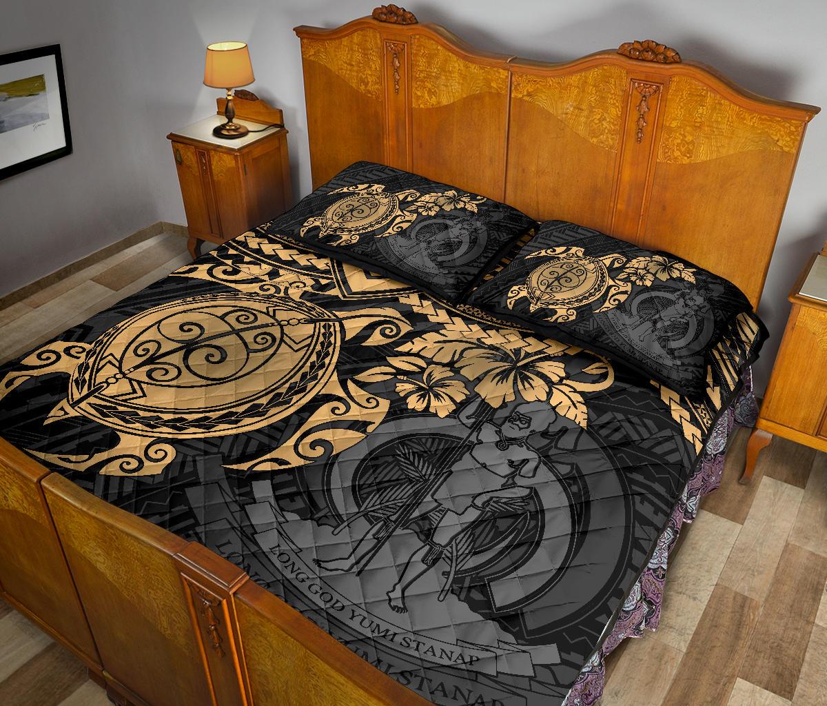 Vanuatu Polynesian Quilt Bed Set - Vanuatu Coat Of Arms & Gold Turtle Hibiscus - Polynesian Pride