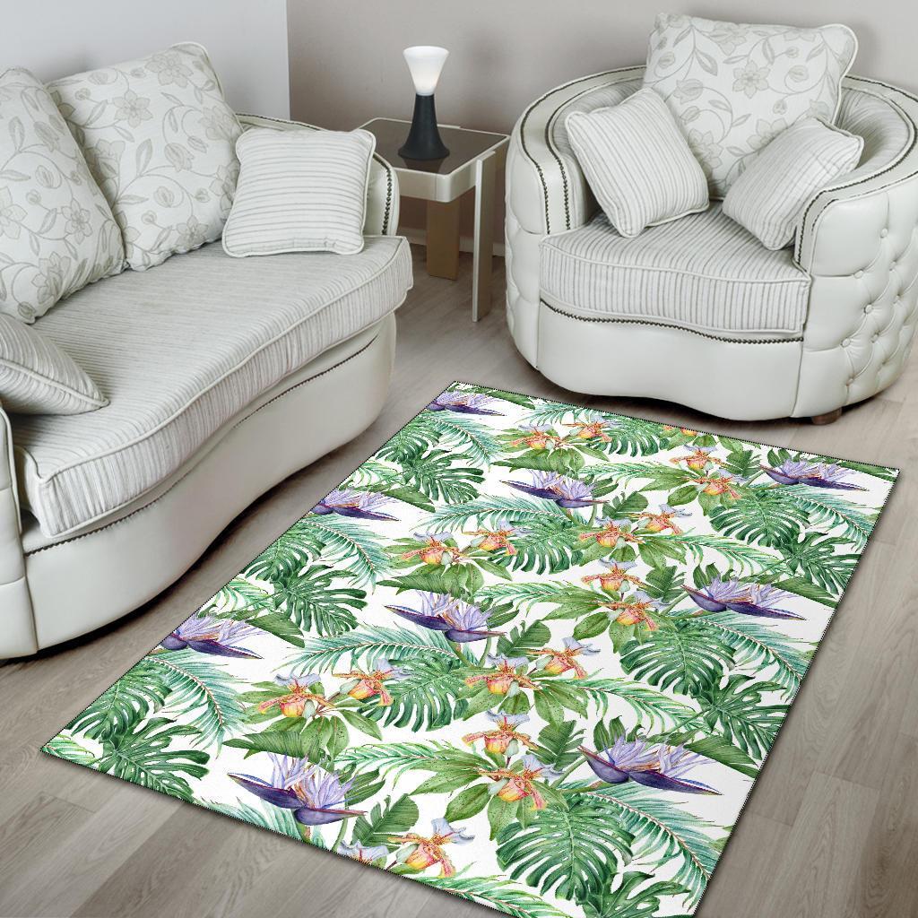 Tropical Orange Orchids Strelitzia Monstera Rug - Polynesian Pride