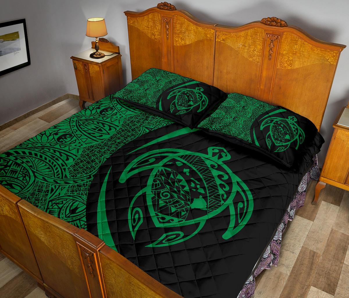 Hawaii Turtle Map Polynesian Quilt Bed Set - Green - Circle Style - Polynesian Pride