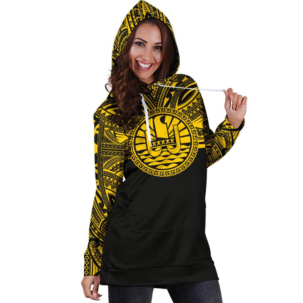 Tahiti Women Hoodie Dress - Tahiti Coat Of Arms Polynesian Gold Black - Polynesian Pride