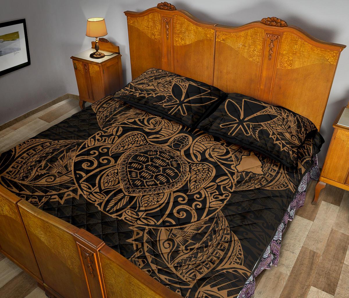 Hawaii Polynesian Quilt Bed Set - Hawaii Kanaka Maoli Map & Gold Turtle - Polynesian Pride