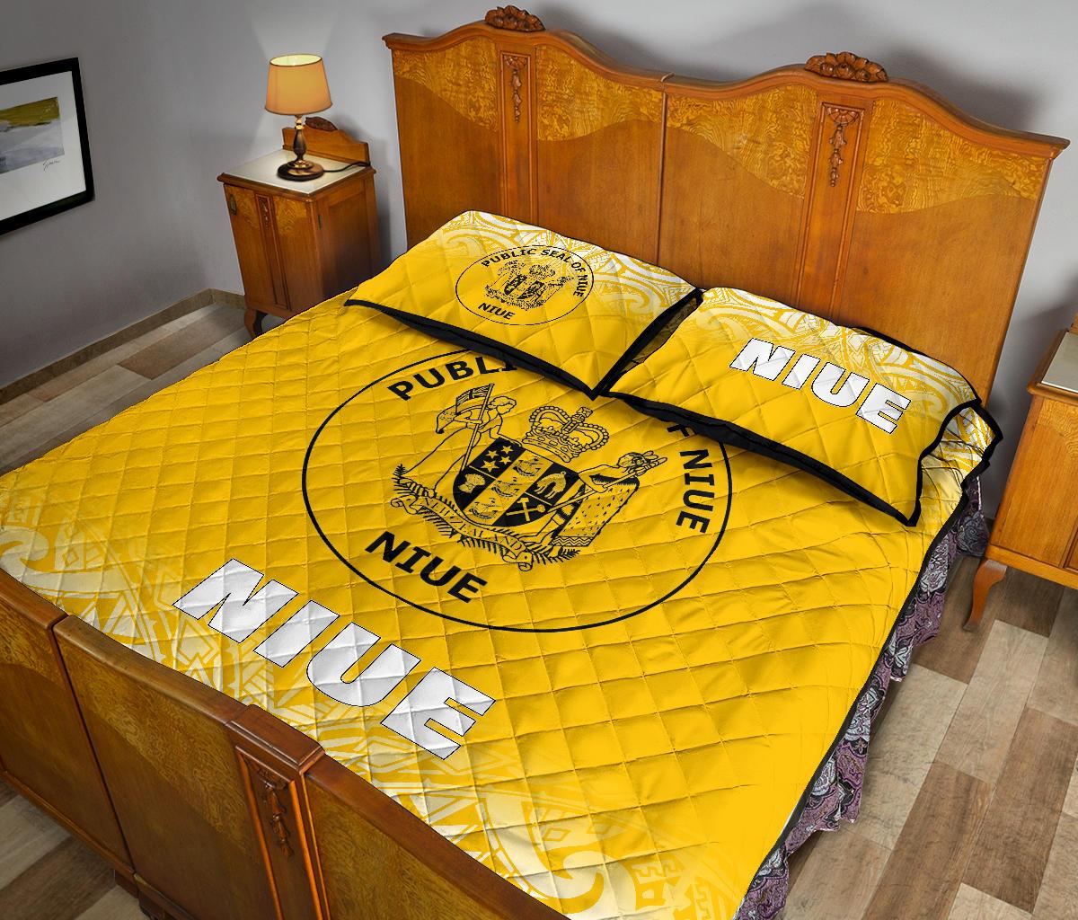 Niue Quilt Bed Set - Niue Coat Of Arms Polynesian Tattoo Fog Yellow Style - Polynesian Pride