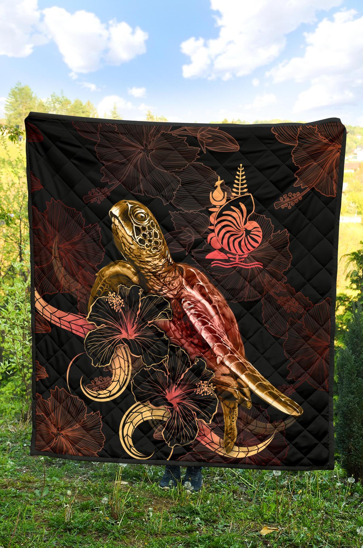 New Caledonia Polynesian Premium Quilt - Turtle With Blooming Hibiscus Gold - Polynesian Pride