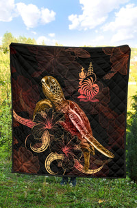 New Caledonia Polynesian Premium Quilt - Turtle With Blooming Hibiscus Gold - Polynesian Pride