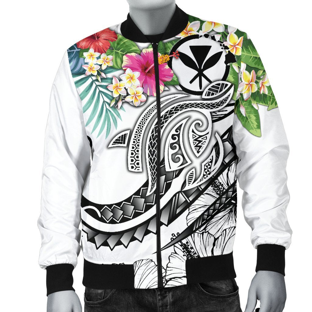 Polynesian Hawaii Kanaka Maoli Men's Bomber Jacket - Summer Plumeria (White) - Polynesian Pride