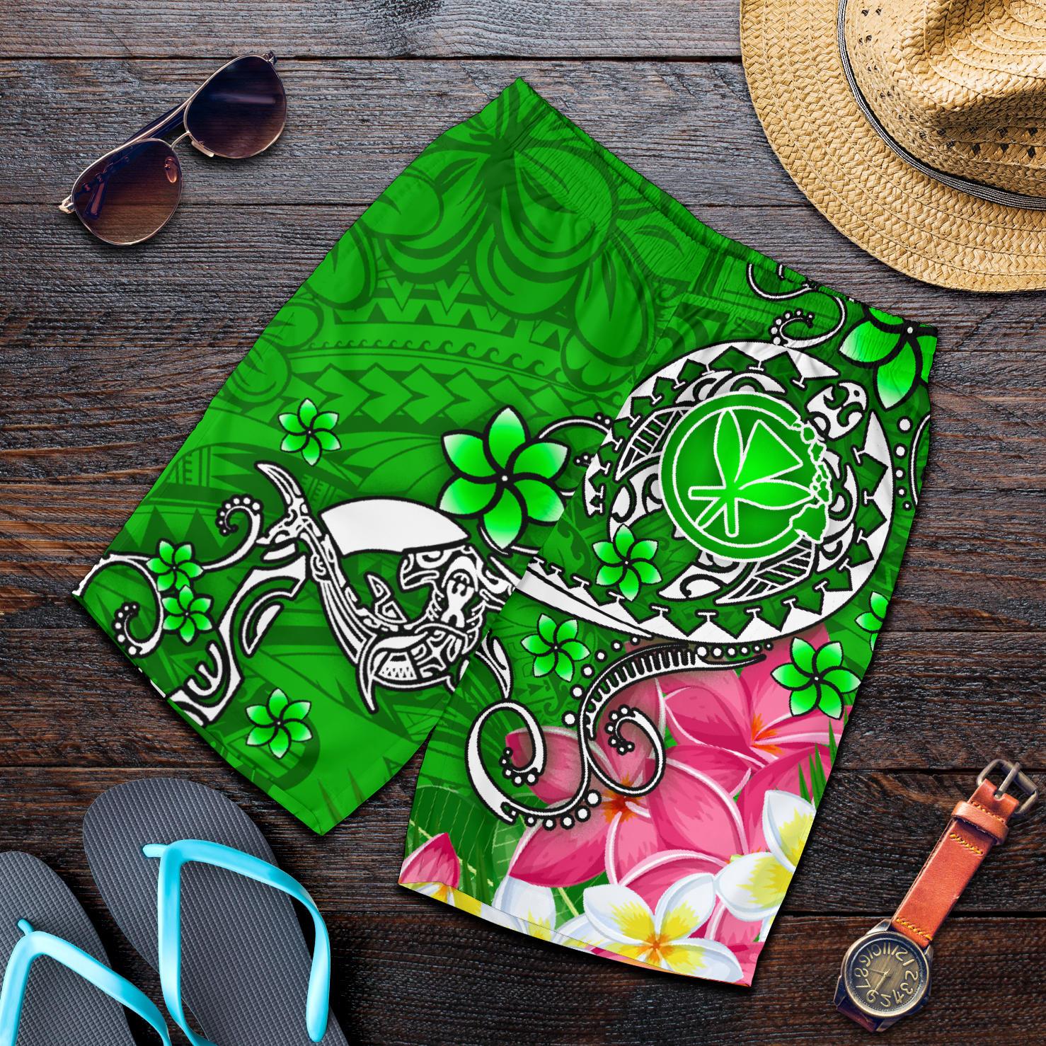 Hawaii Men's Shorts - Turtle Plumeria Polynesian Tattoo Green Color Green - Polynesian Pride