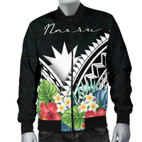 Nauru Men's Bomber Jacket - Nauru Coat of Arms & Polynesian Tropical Flowers White - Polynesian Pride