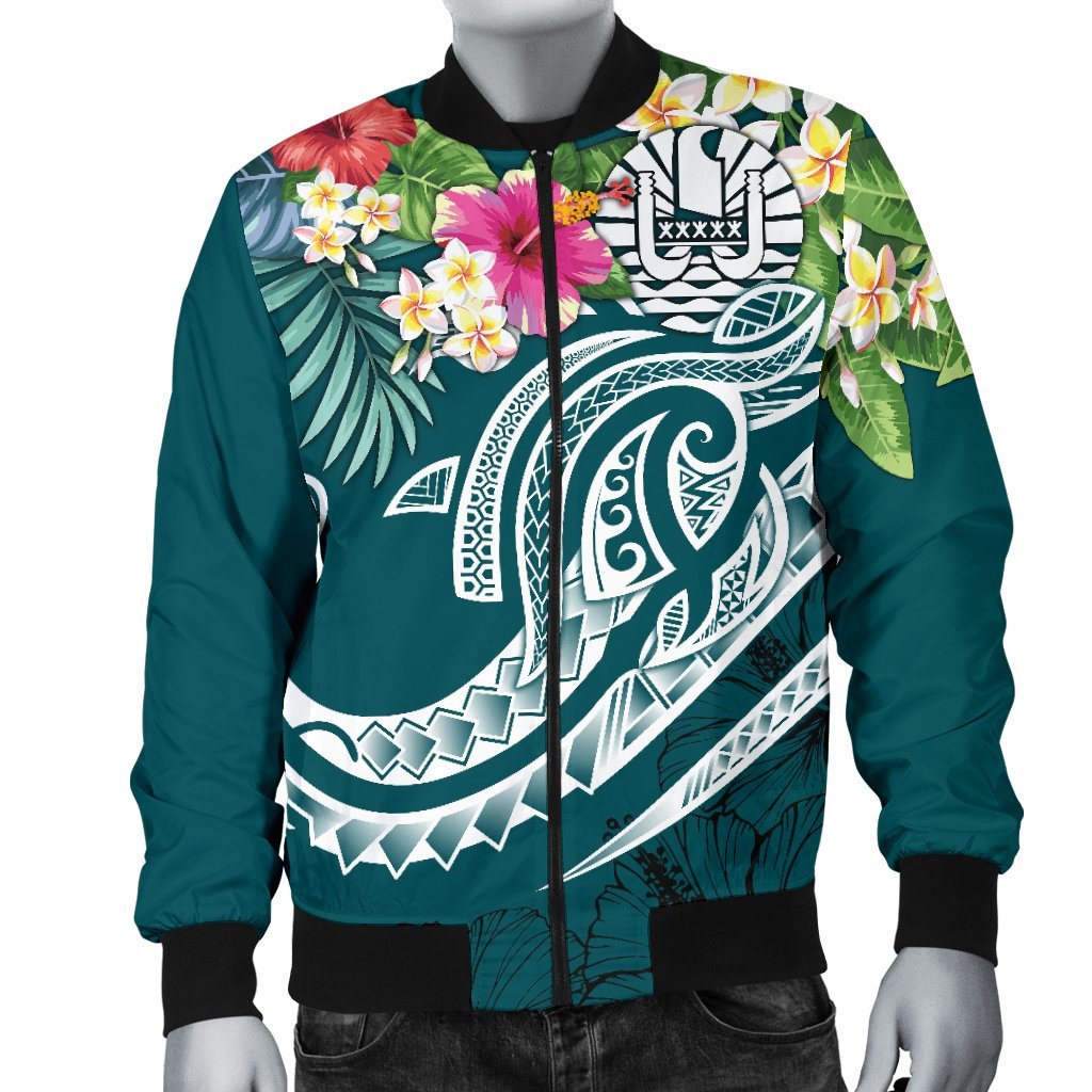 Nauru Polynesian Men's Bomber Jacket - Summer Plumeria (Turquoise) - Polynesian Pride