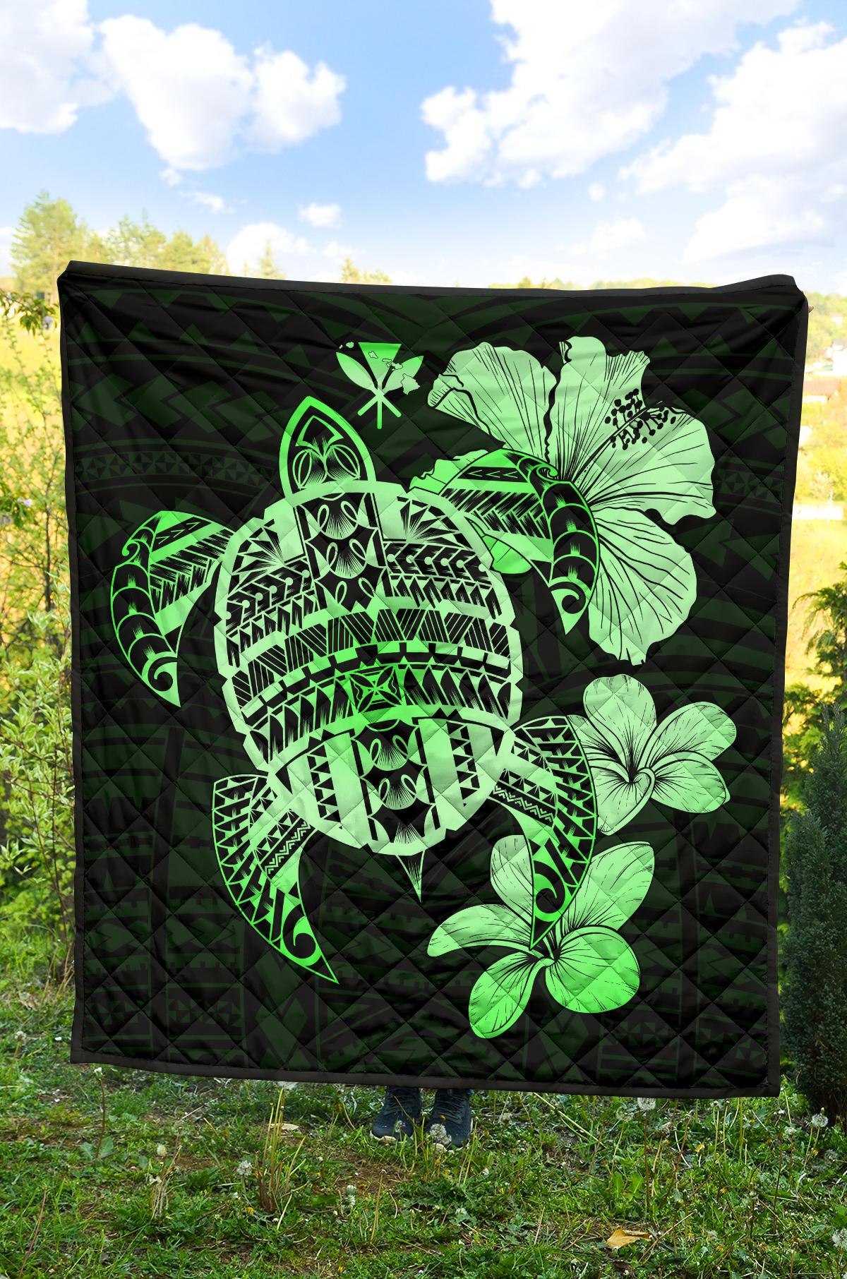 Hawaiian Kanaka Hibiscus Plumeria Mix Polynesian Turtle Premium Quilt Green AH - Polynesian Pride