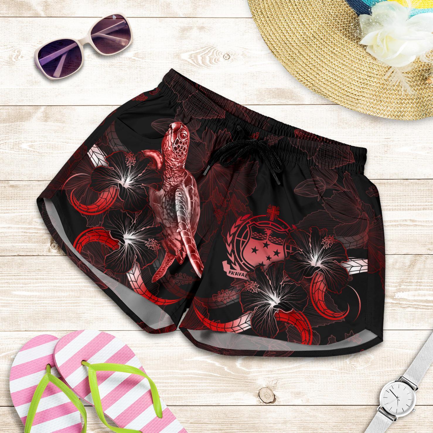 Samoa Polynesian Women's Shorts - Turtle With Blooming Hibiscus Red Women Red - Polynesian Pride