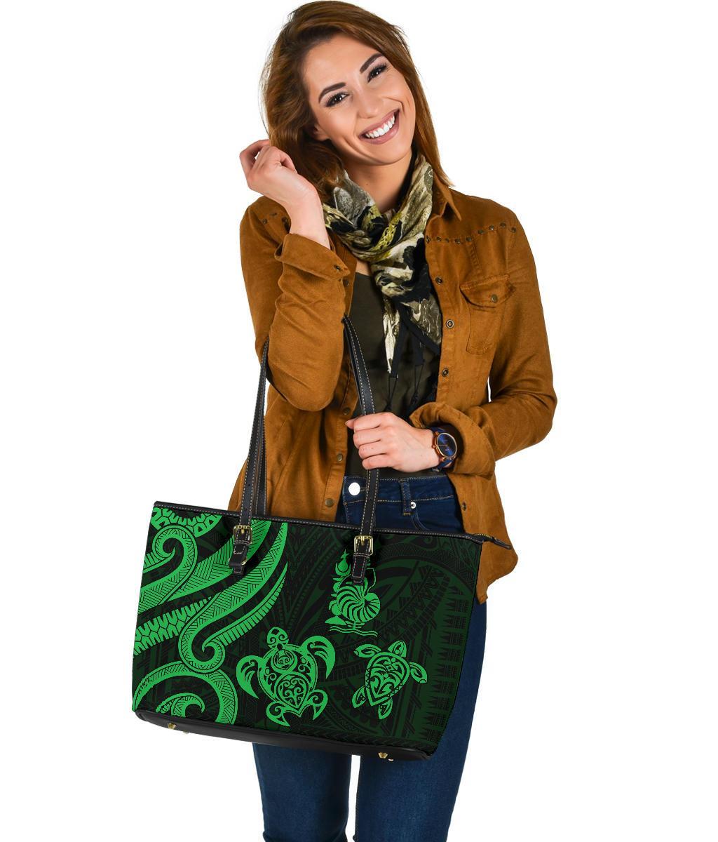 New Caledonia Large Leather Tote - Green Tentacle Turtle - Polynesian Pride