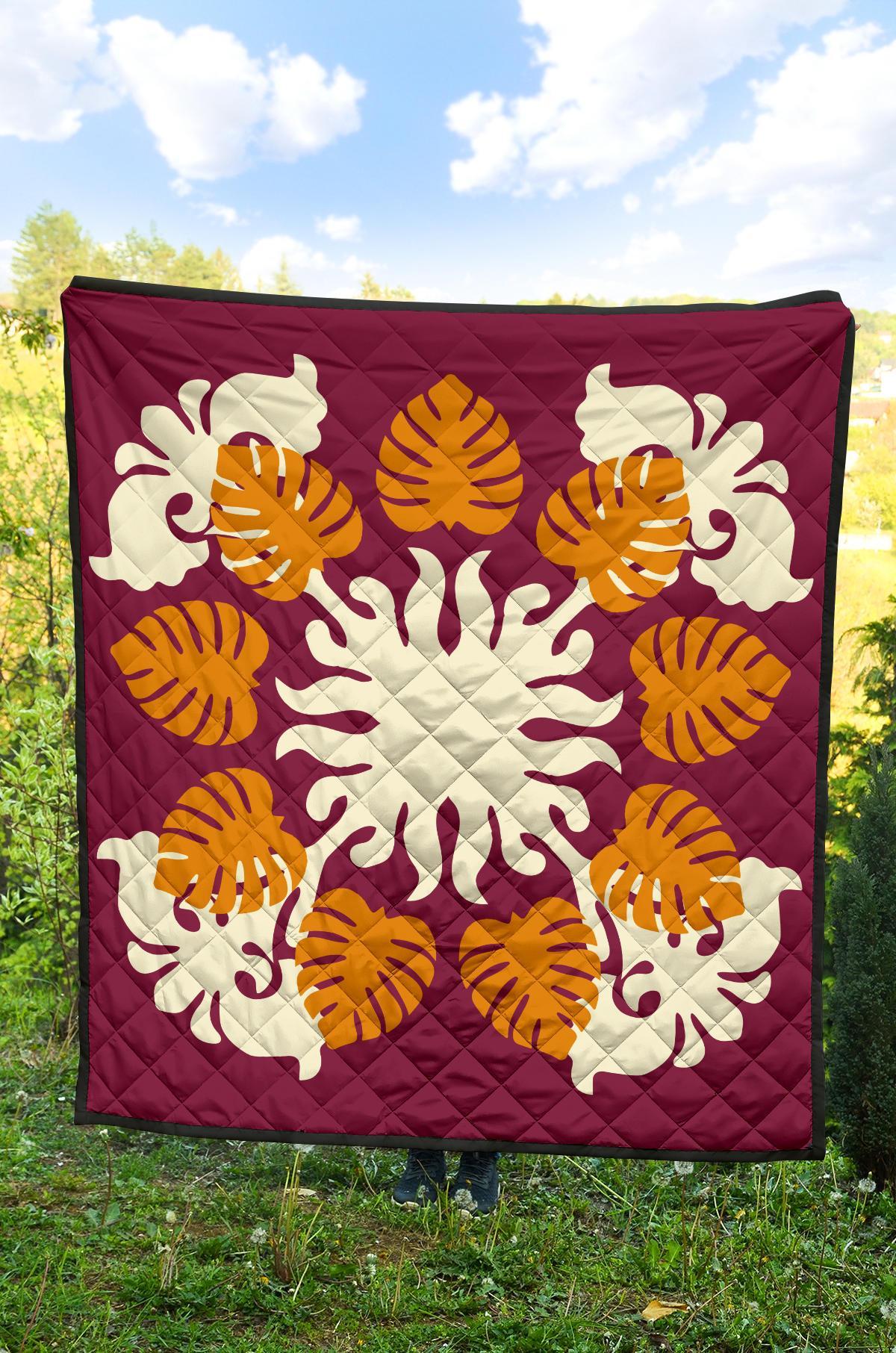 Hawaiian Tropical Pattern Premium Quilt - Burgundy - Argu Style - AH - Polynesian Pride