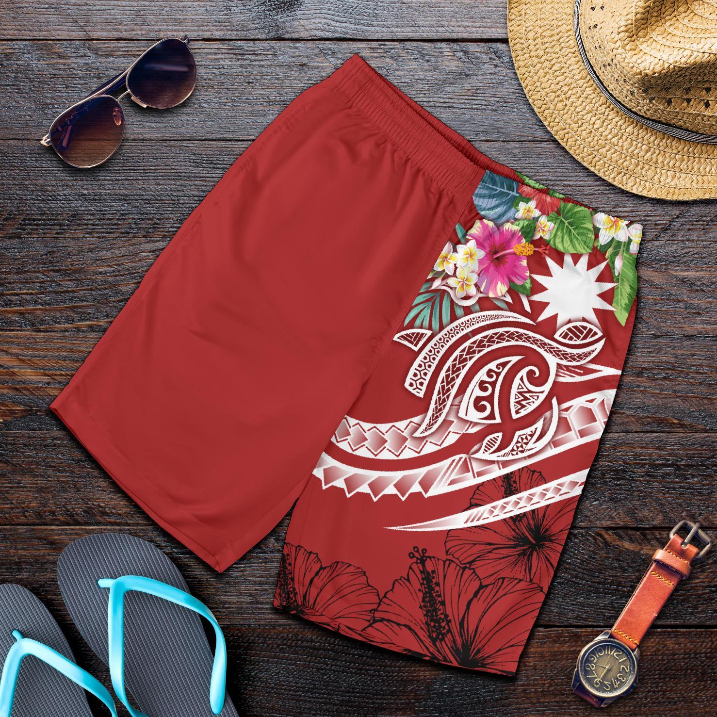 Nauru Polynesian Men's Shorts - Summer Plumeria (Red) Red - Polynesian Pride