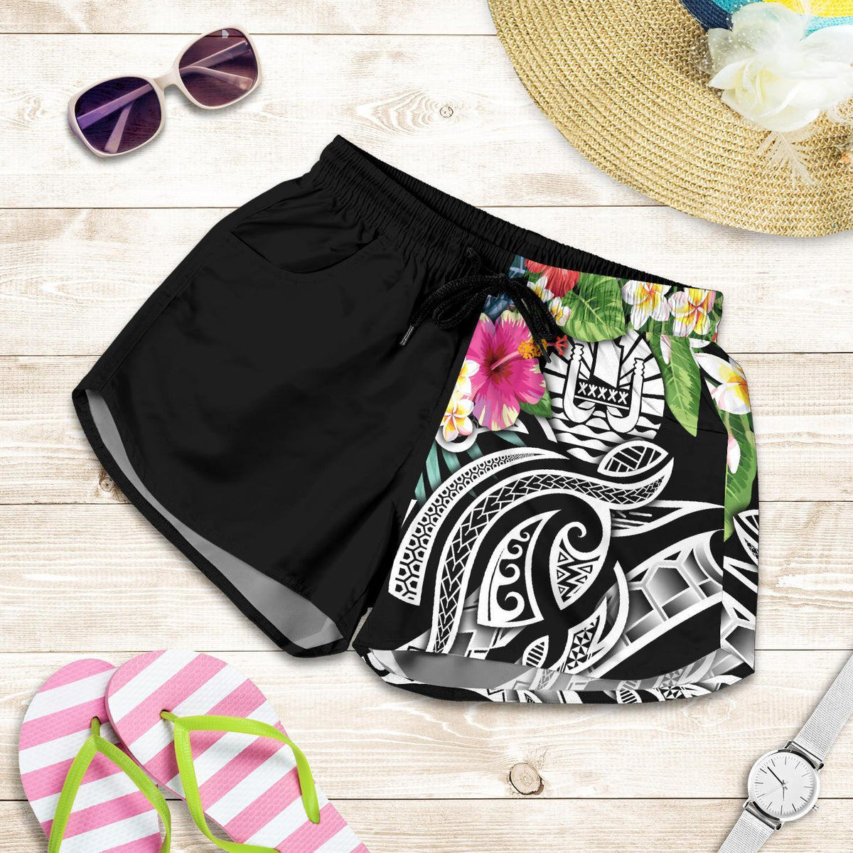 Tahiti Polynesian Women's Shorts - Summer Plumeria (Black) Women Black - Polynesian Pride