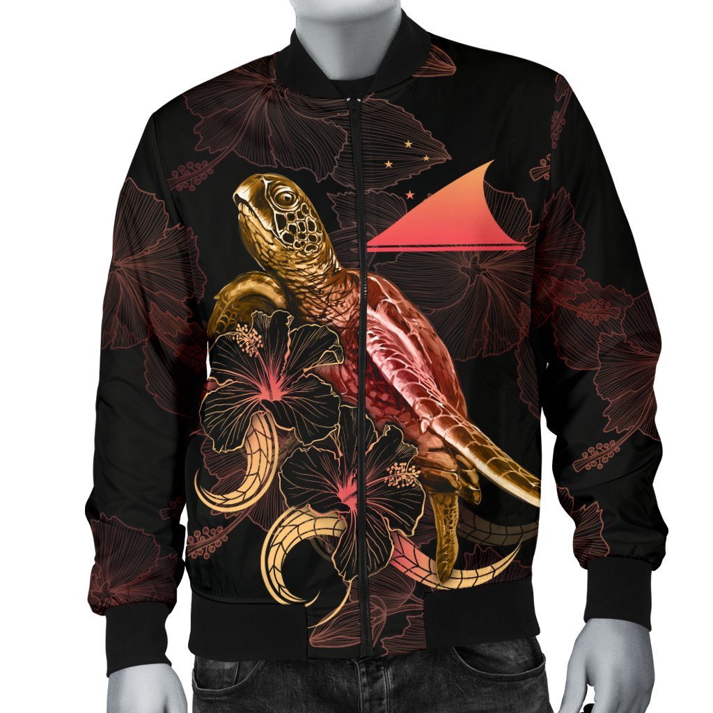 Tokelau Polynesian Men's Bomber Jacket - Turtle With Blooming Hibiscus Gold - Polynesian Pride