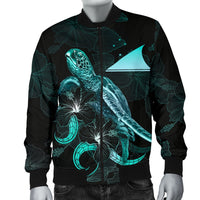 Tokelau Polynesian Men's Bomber Jacket - Turtle With Blooming Hibiscus Turquoise - Polynesian Pride