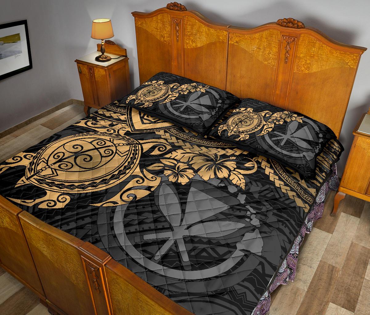 Hawaii Polynesian Quilt Bed Set - Kanaka Maoli & Gold Turtle Hibiscus - Polynesian Pride