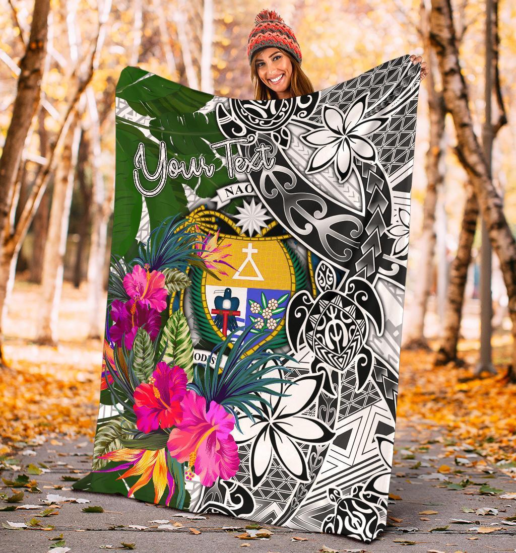 Nauru Custom Personalised Premium Blanket White - Turtle Plumeria Banana Leaf Crest - Polynesian Pride