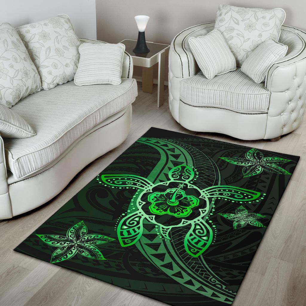 Kanaka Map Hibiscus Plumeria Turtle Art Polynesian Area Rug Green AH - Polynesian Pride