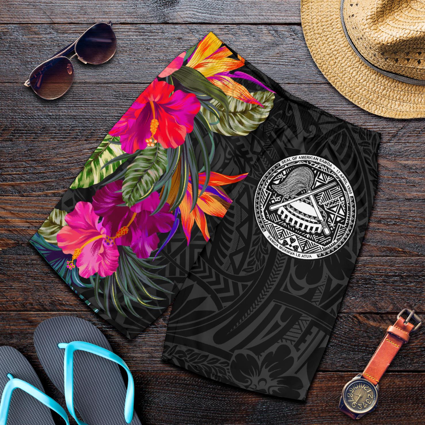 American Samoa All Over Print Men's Shorts - Polynesian Hibiscus Pattern Black - Polynesian Pride