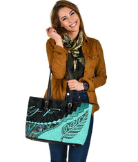 (Signature Custom) Paua Shell, Maori Silver Fern Leather Tote Bag, Turquoise - Polynesian Pride