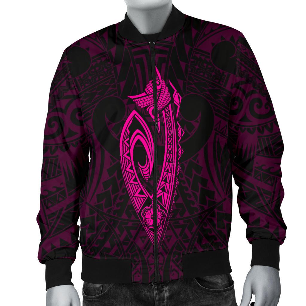 Hawaii Kakau Makau Fish Hook Kanaka Map Men's Bomber Jacket Polynesian - Pink - Polynesian Pride