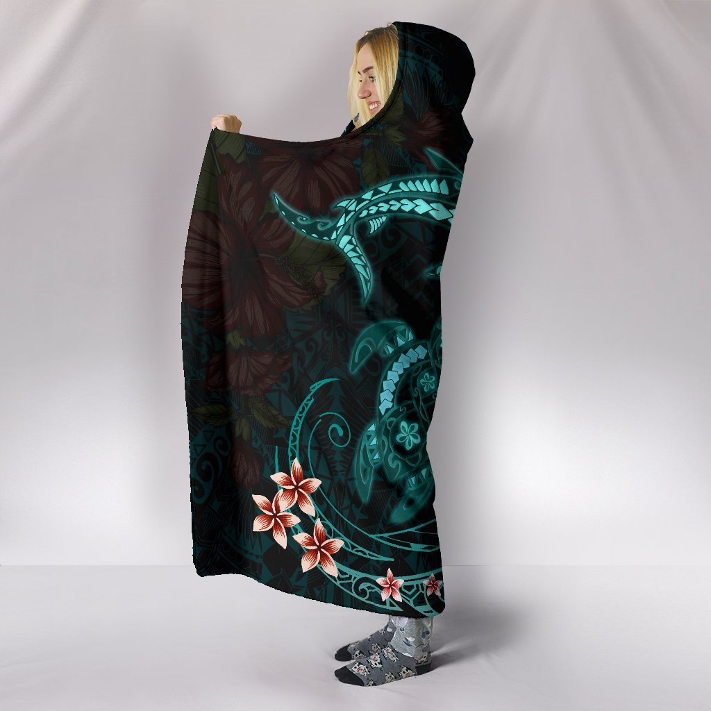 Polynesian Hooded Blanket Turtle And Shark - Hibiscus Turquoise - Polynesian Pride