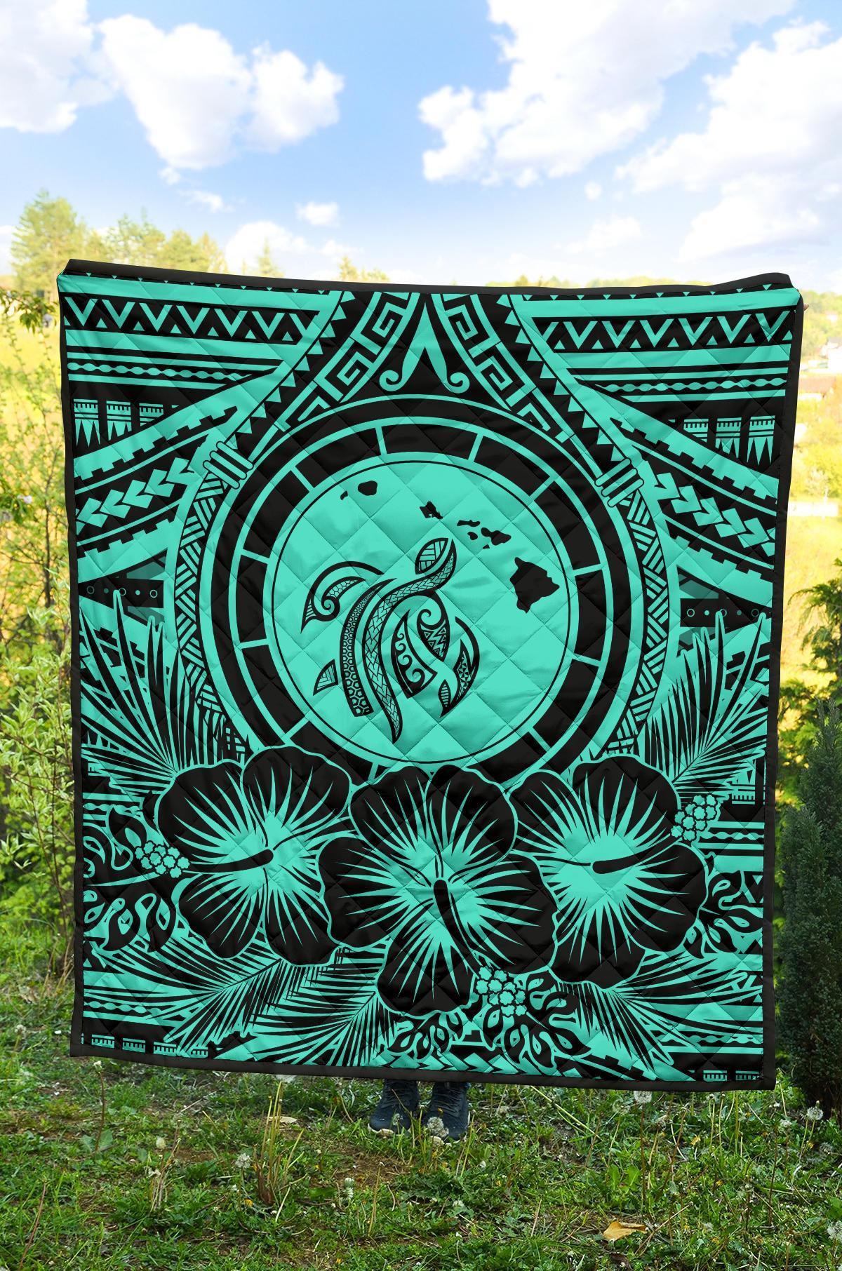 Hawaii Premium Quilt - Hawaii Map Honu Hibiscus Turquoise Polynesian Premium Quilt - Polynesian Pride