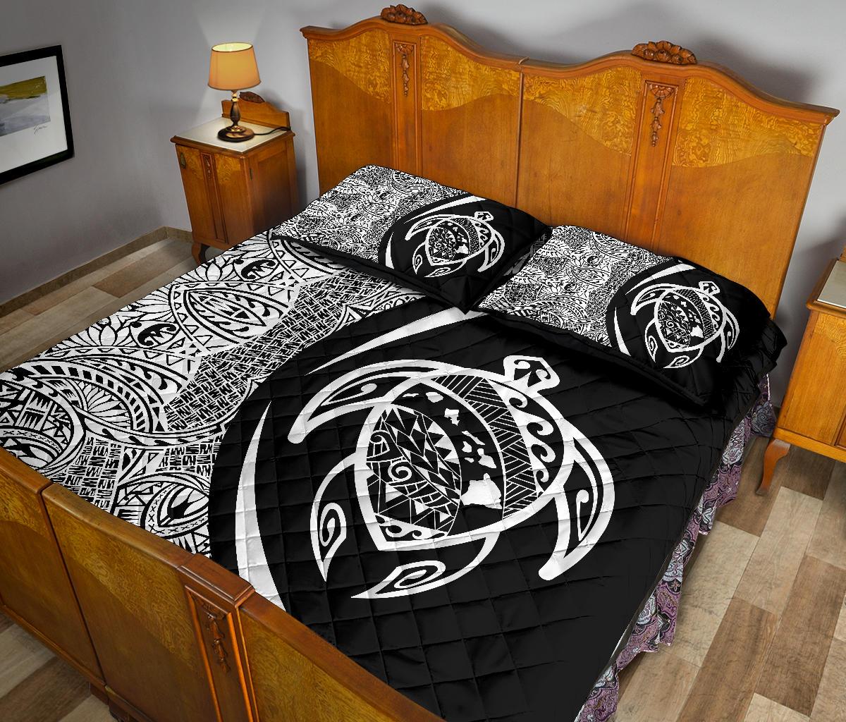 Hawaii Turtle Map Polynesian Quilt Bed Set - White - Circle Style - Polynesian Pride