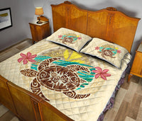 Kanaka Maoli (Hawaii) Quilt Bed Set - Turtle Polynesian Flower Tattoo Beige - Polynesian Pride