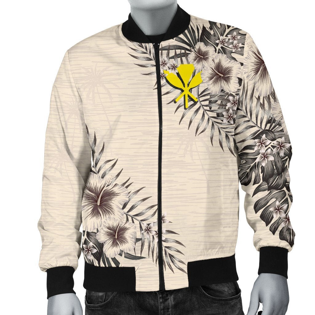 Kanaka Maoli (Hawaiian) Men's Bomber Jacket - The Beige Hibiscus Black - Polynesian Pride