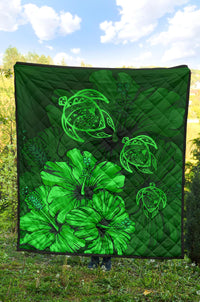 Hawaiian Map Turtle Hibiscus Vintage Polynesian Premium Quilt Green - Polynesian Pride