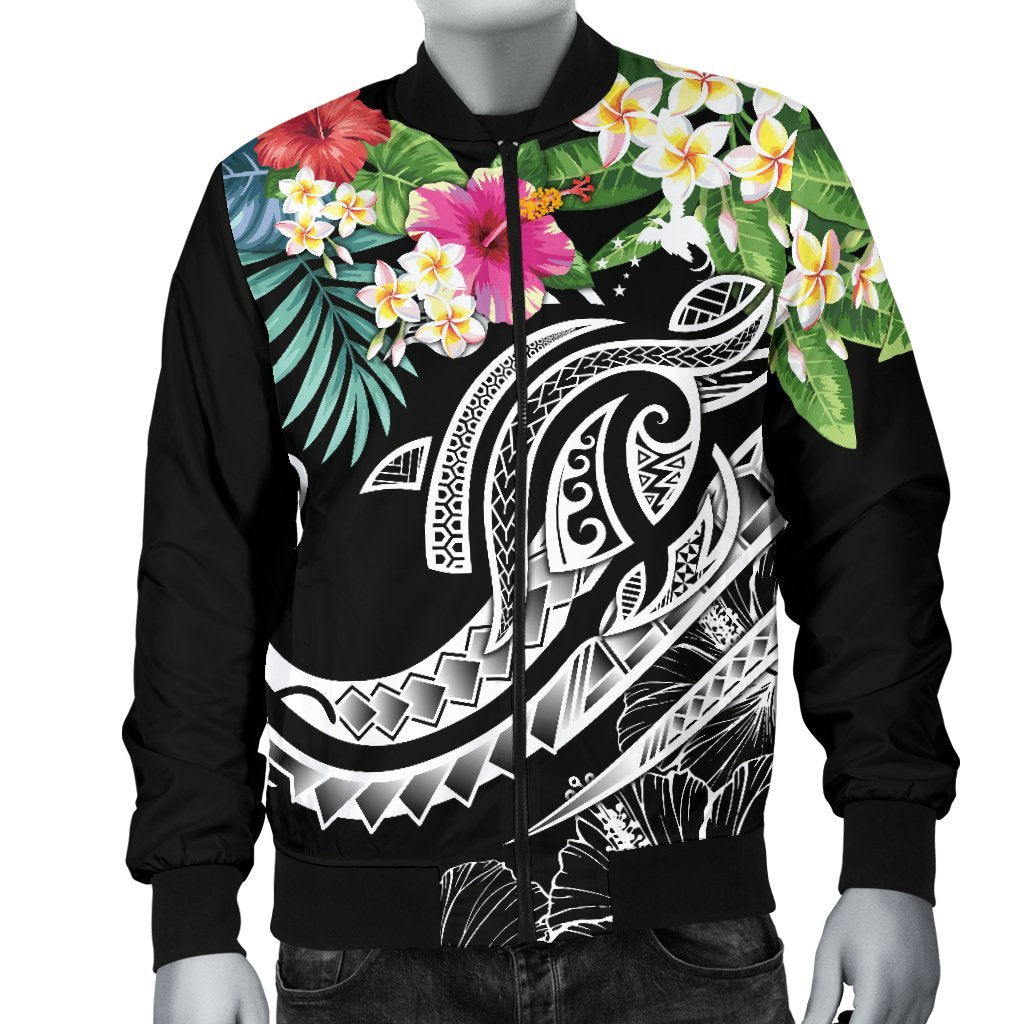 Papua New Guinea Polynesian Men's Bomber Jacket - Summer Plumeria (Black) - Polynesian Pride