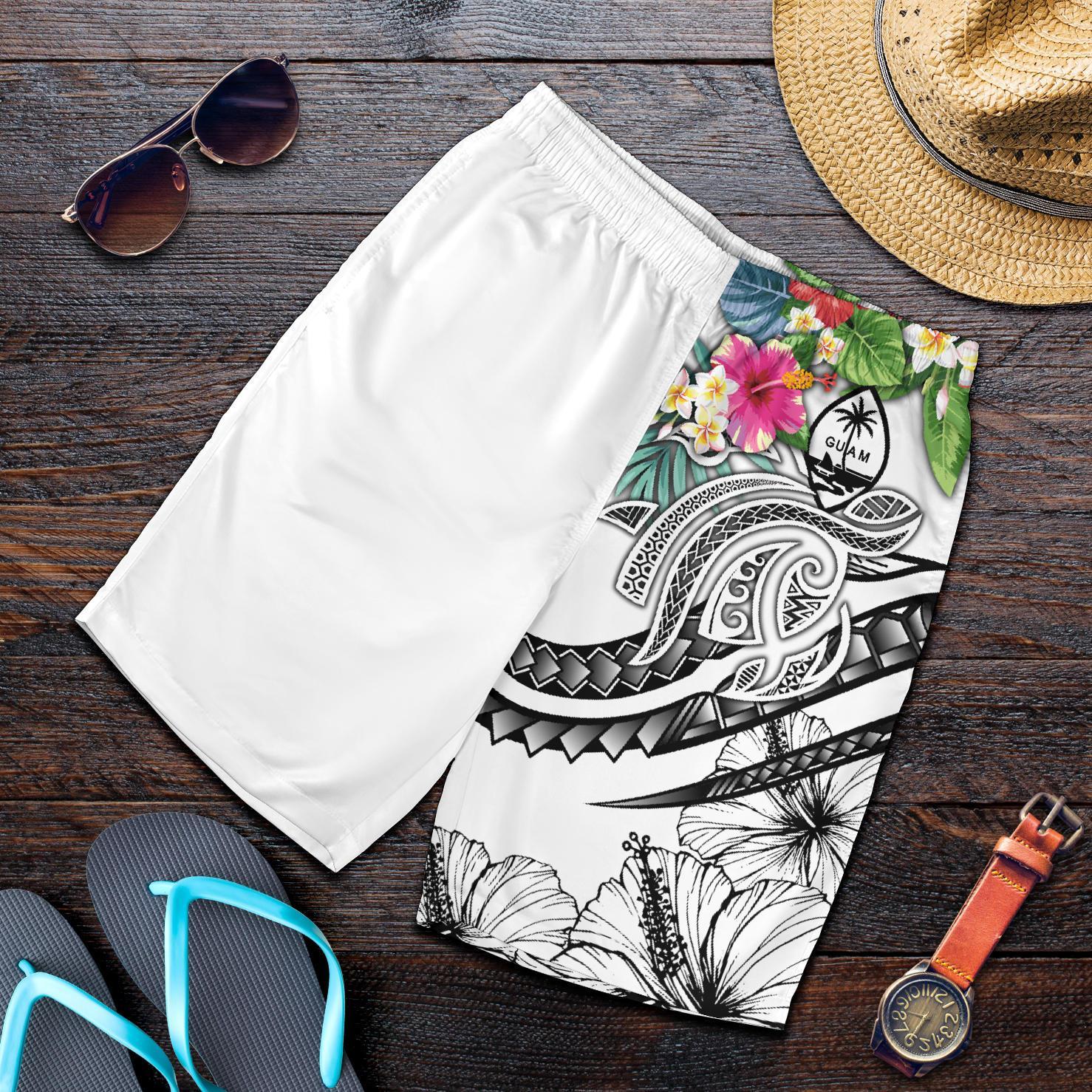 Guam Polynesian Men's Shorts - Summer Plumeria (White) White - Polynesian Pride