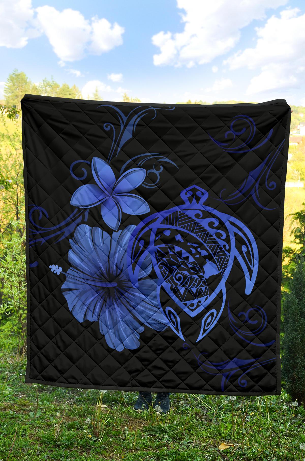 Hawaii Turtle Hibiscus Premium Quilt Blue - Polynesian Pride