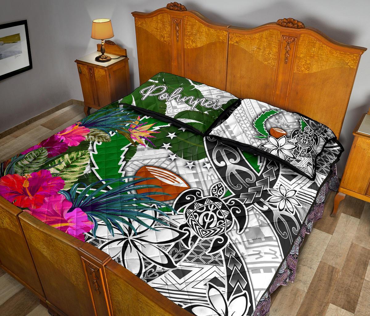 Pohnpei Quilt Bed Set White - Turtle Plumeria Banana Leaf - Polynesian Pride