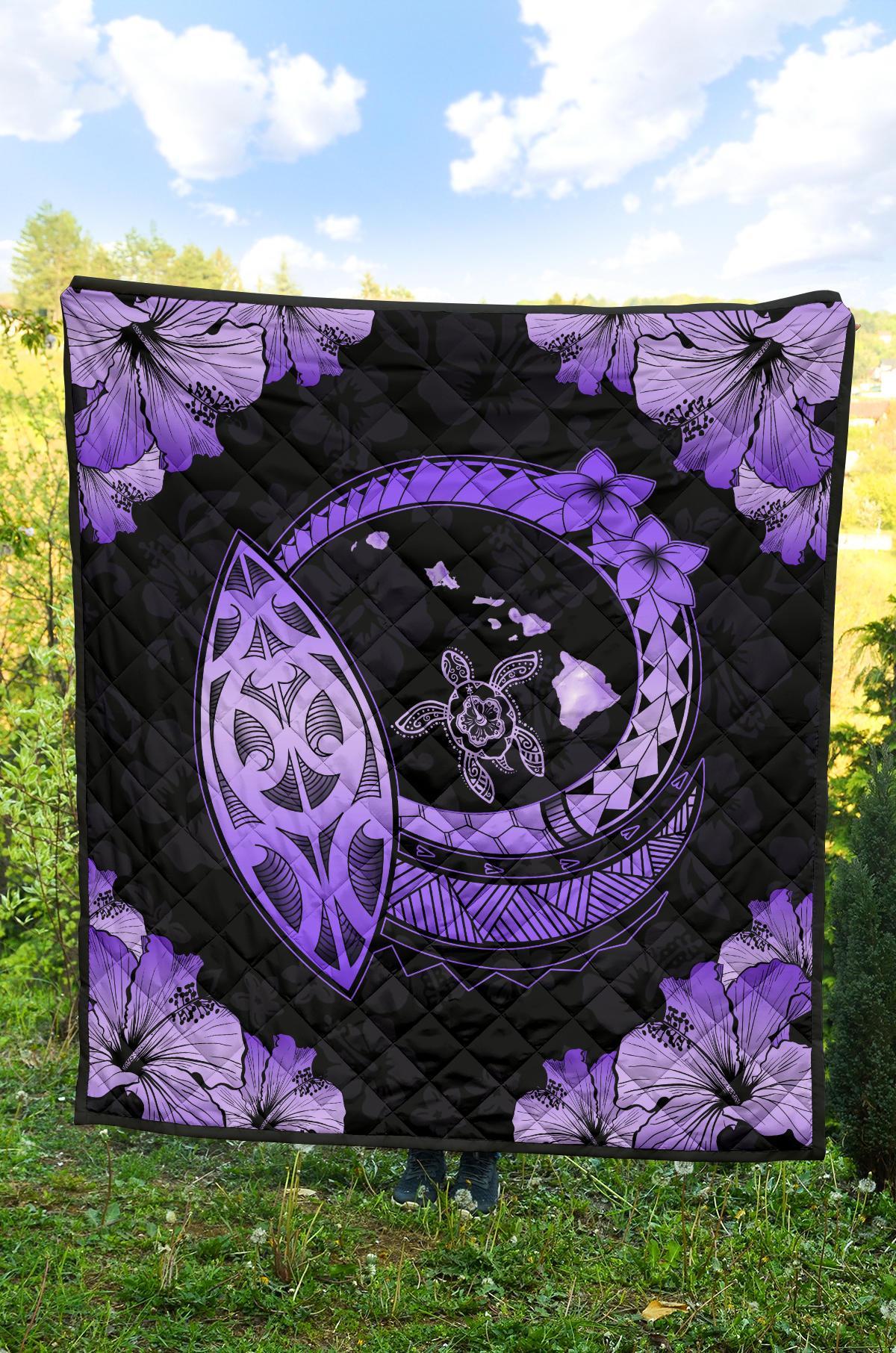 Hawaii Hibiscus Map Hidden Polynesian Purple Premium Quilt - Polynesian Pride