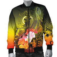 Vanuatu Custom Personalised Men's Bomber Jacket - Humpback Whale with Tropical Flowers (Yellow) - Polynesian Pride
