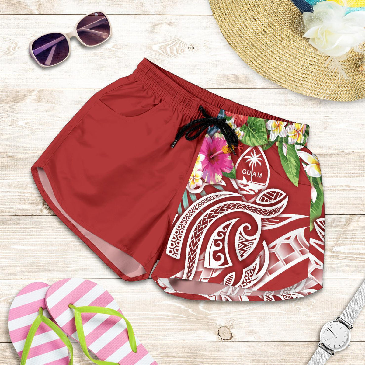 Guam Polynesian Women's Shorts - Summer Plumeria (Black) Women Red - Polynesian Pride