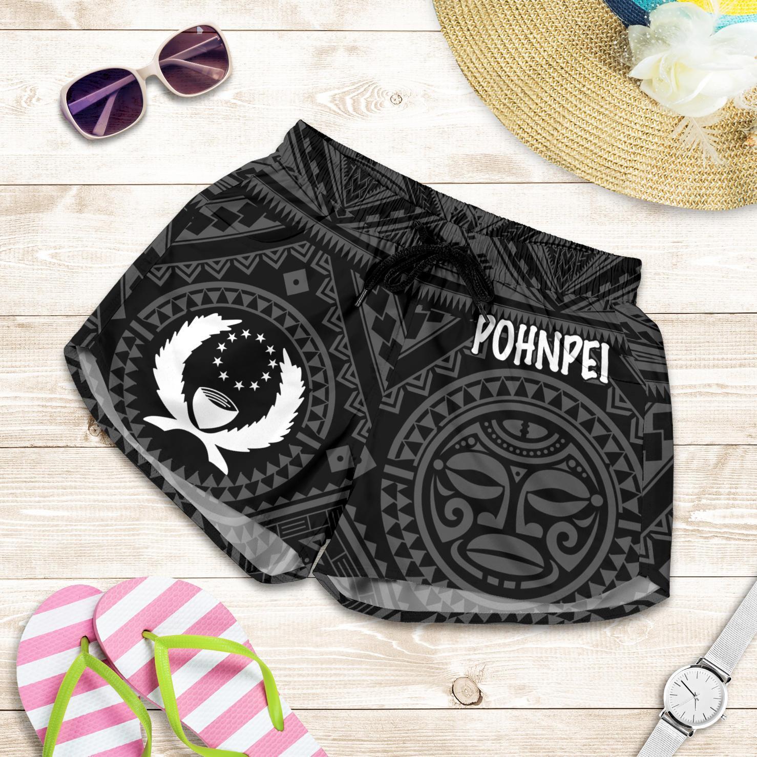 Pohnpei Women's Shorts - Pohnpei Seal With Polynesian Tattoo Style ( Black) Women Black - Polynesian Pride