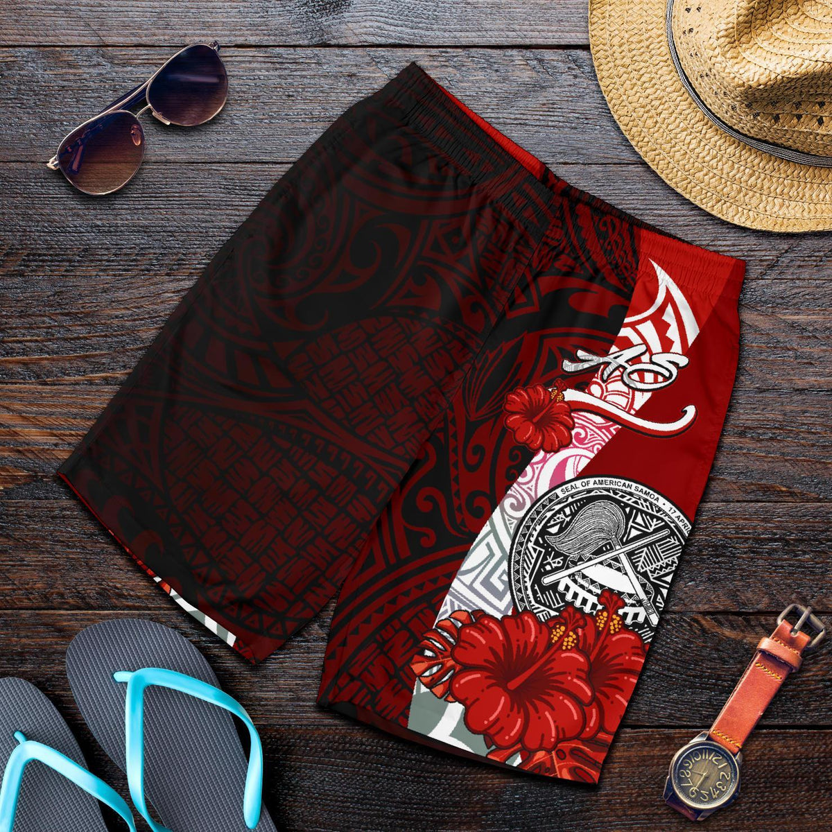 American Samoa Polynesian Men's Shorts - Coat Of Arm With Hibiscus - Polynesian Pride