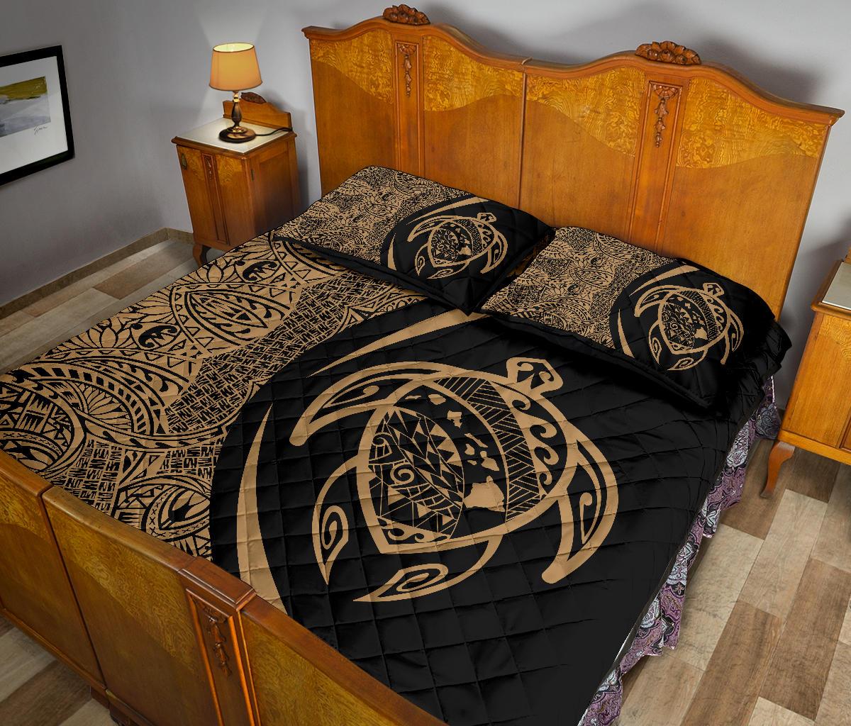 Hawaii Turtle Map Polynesian Quilt Bed Set - Gold - Circle Style - Polynesian Pride
