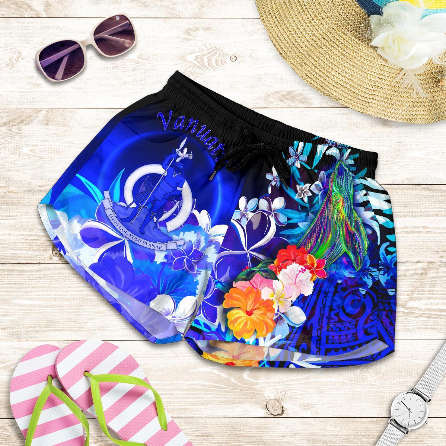 Vanuatu Custom Personalised Women's Short - Humpback Whale with Tropical Flowers (Blue) Women Blue - Polynesian Pride