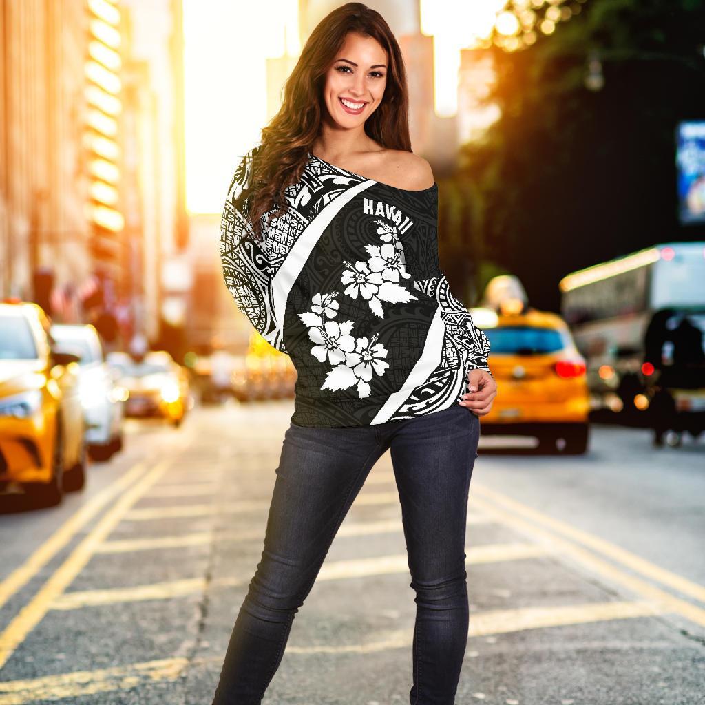 Hawaii Polynesian Women's Off Shoulder Sweater Hibiscus White TH5 - Polynesian Pride