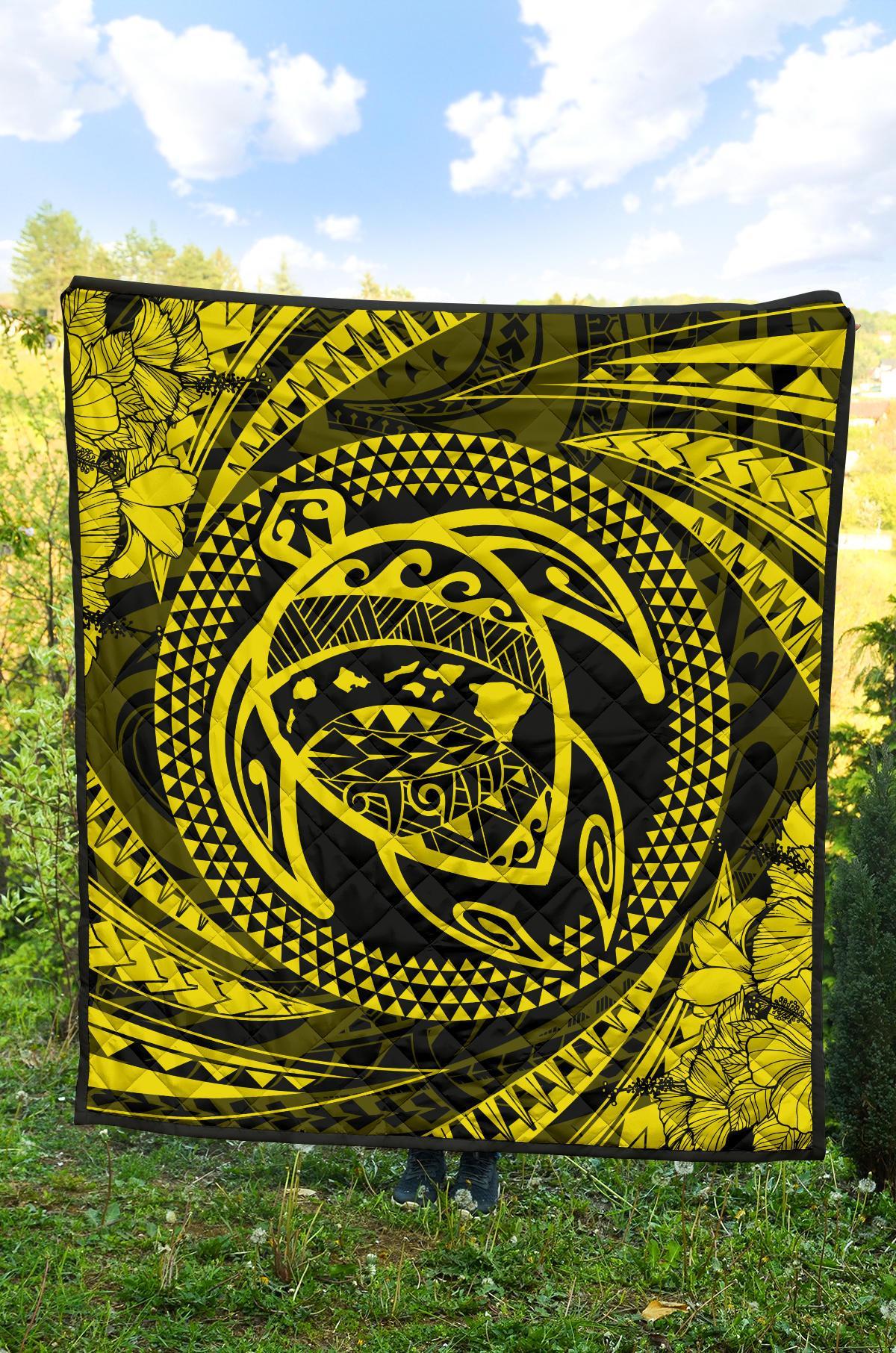 Hawaiian Kanaka Honu Hibiscus Tornando Yellow Polynesian Premium Quilt - Polynesian Pride